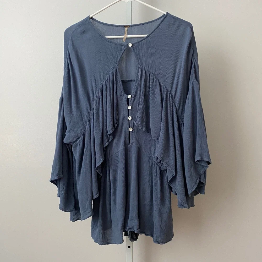 Free People Rayon Boho Flowy Beachy Relaxed Slouchy Romper S Blue